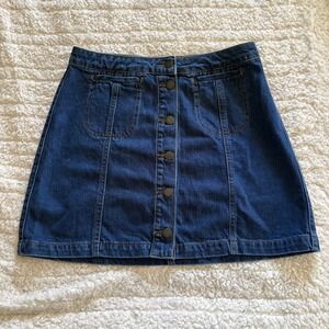 Topshop Moto Denim Mini Skirt Dark Wash Button Front A-Line W30 Retro Indie